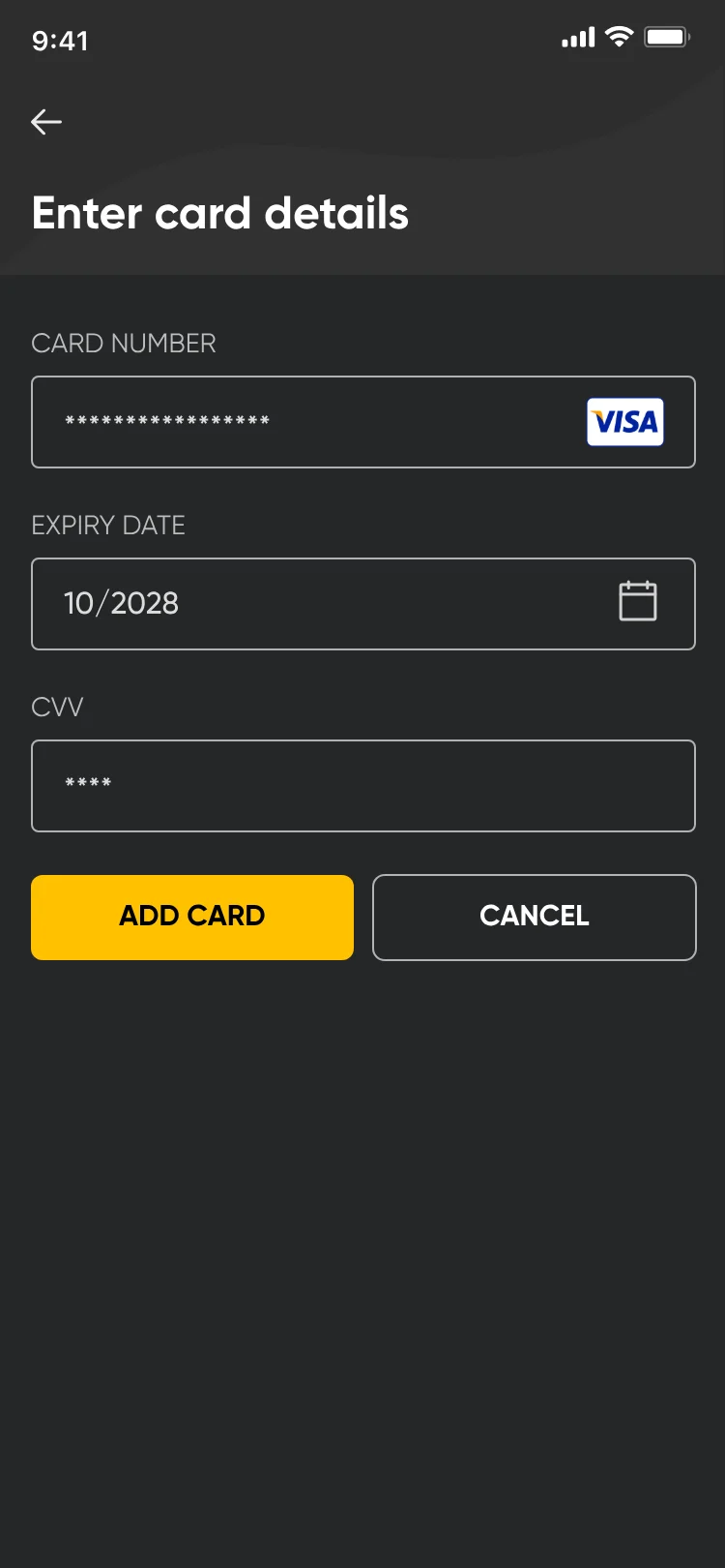 Enter card details: card number, expiry date, CVV, Add card and Cancel.