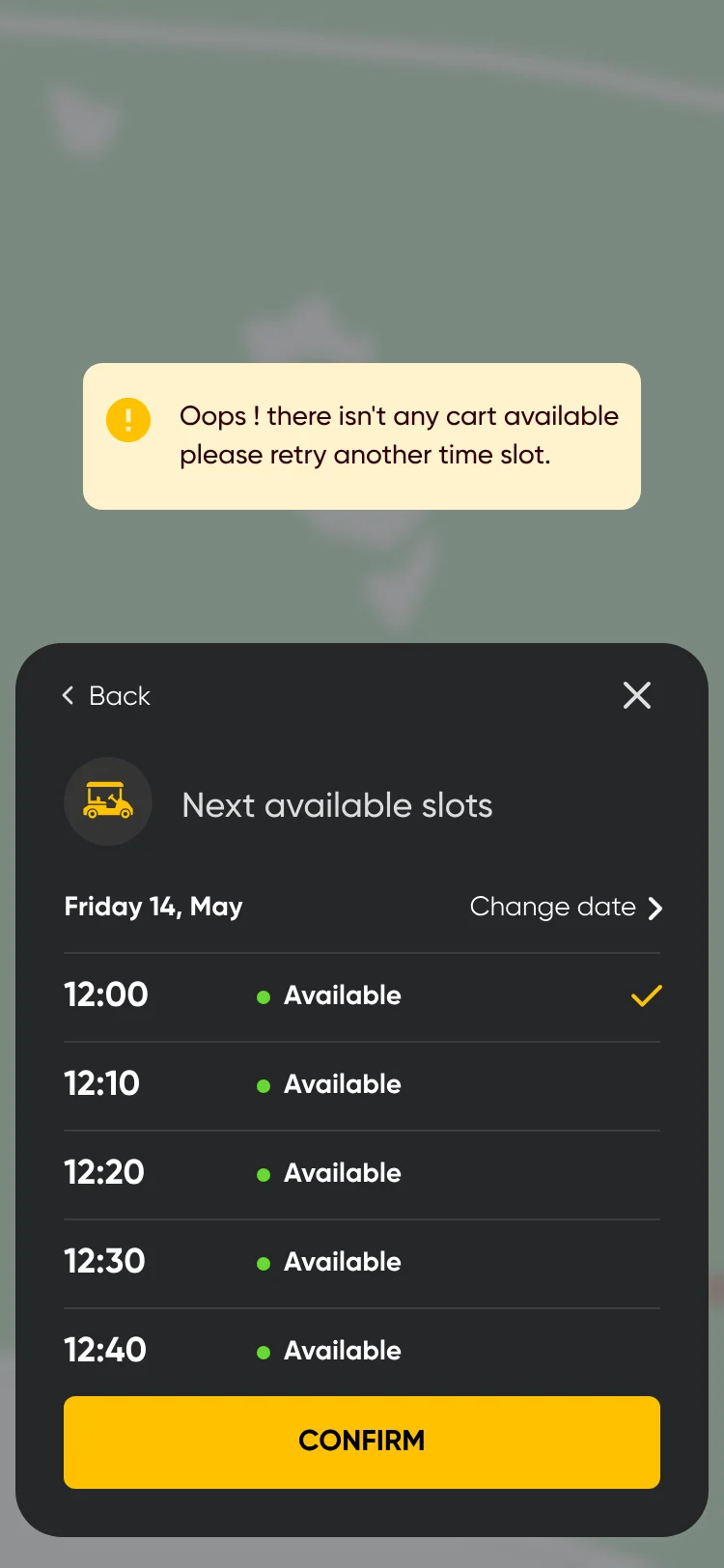 No cart at the chosen time: a notice and a list of the next available slots from 12:00, with Confirm.