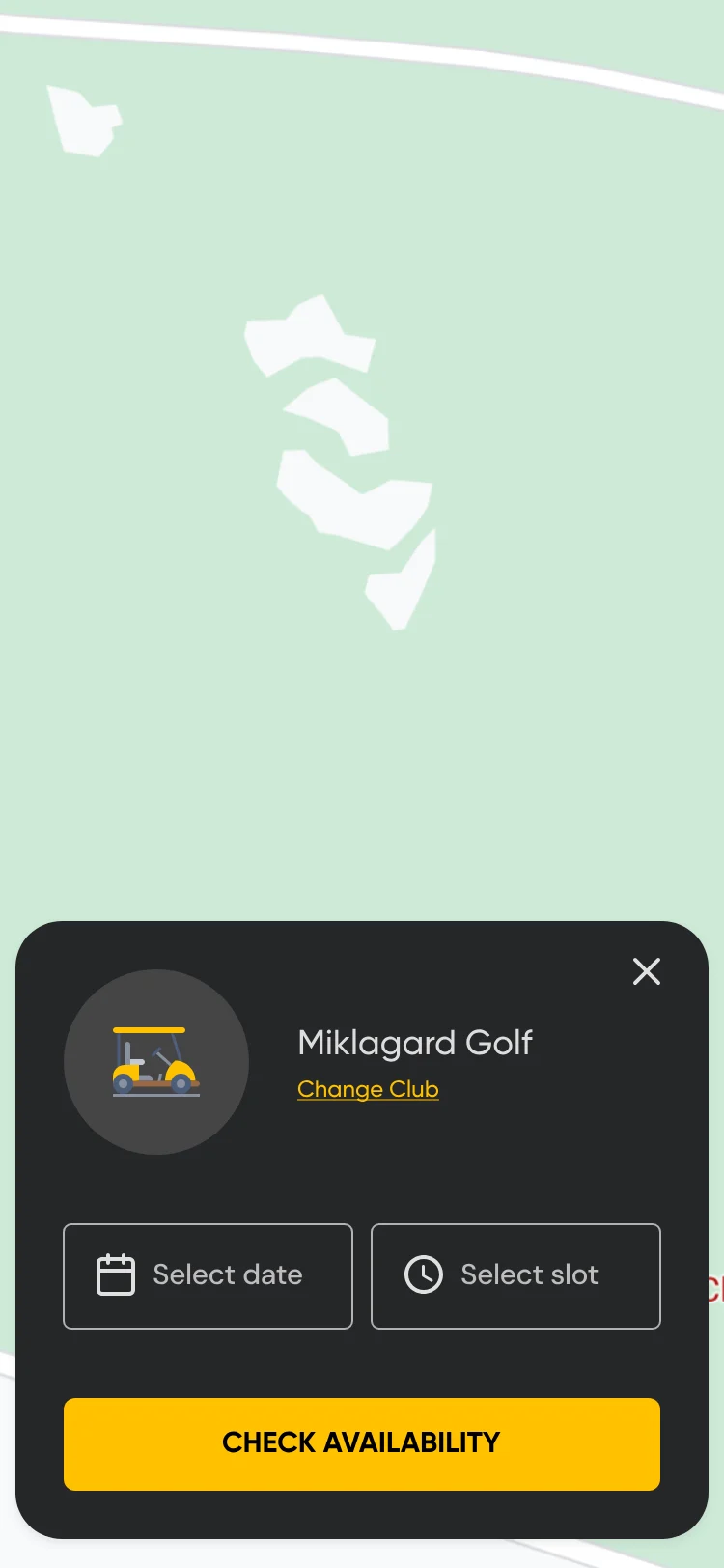 Booking sheet over the map: Miklagard Golf, Change Club, Select date and Select slot fields and a Check availability button.