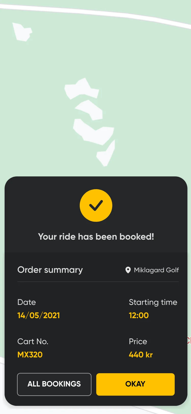 Your ride has been booked: an order summary with date, starting time, cart number and price in kr, All bookings and Okay.