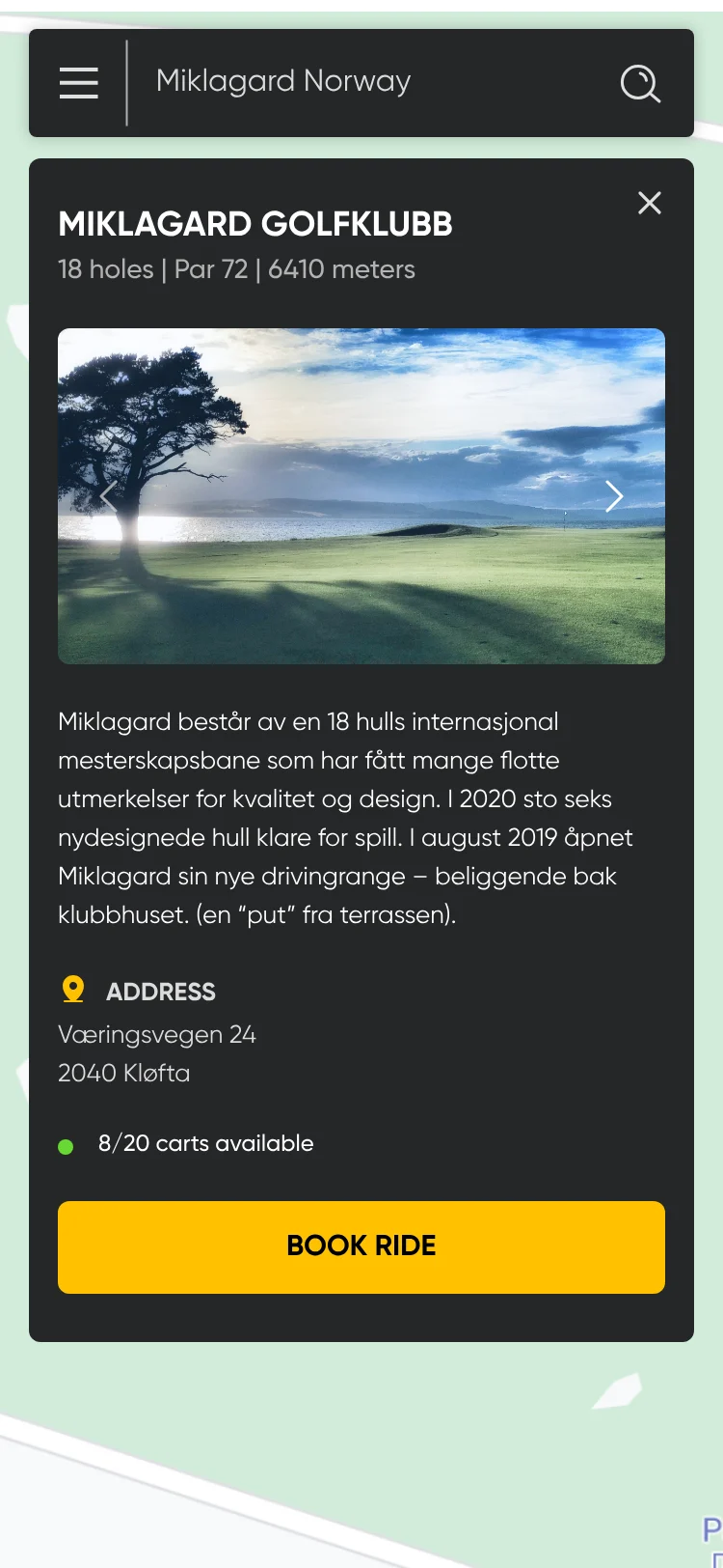 Course detail over the map: Miklagard Golfklubb, 18 holes, par 72, a photo, a description, the address, 8/20 carts available and Book ride.