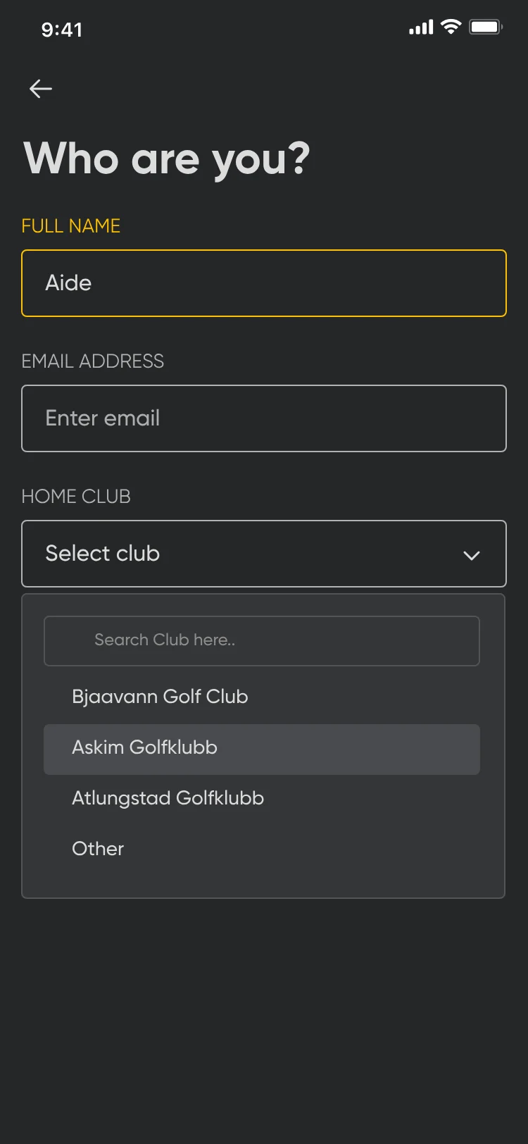 Who are you? Full name, email address and a home club picker listing Bjaavann Golf Club, Askim Golfklubb, Atlungstad Golfklubb and Other.