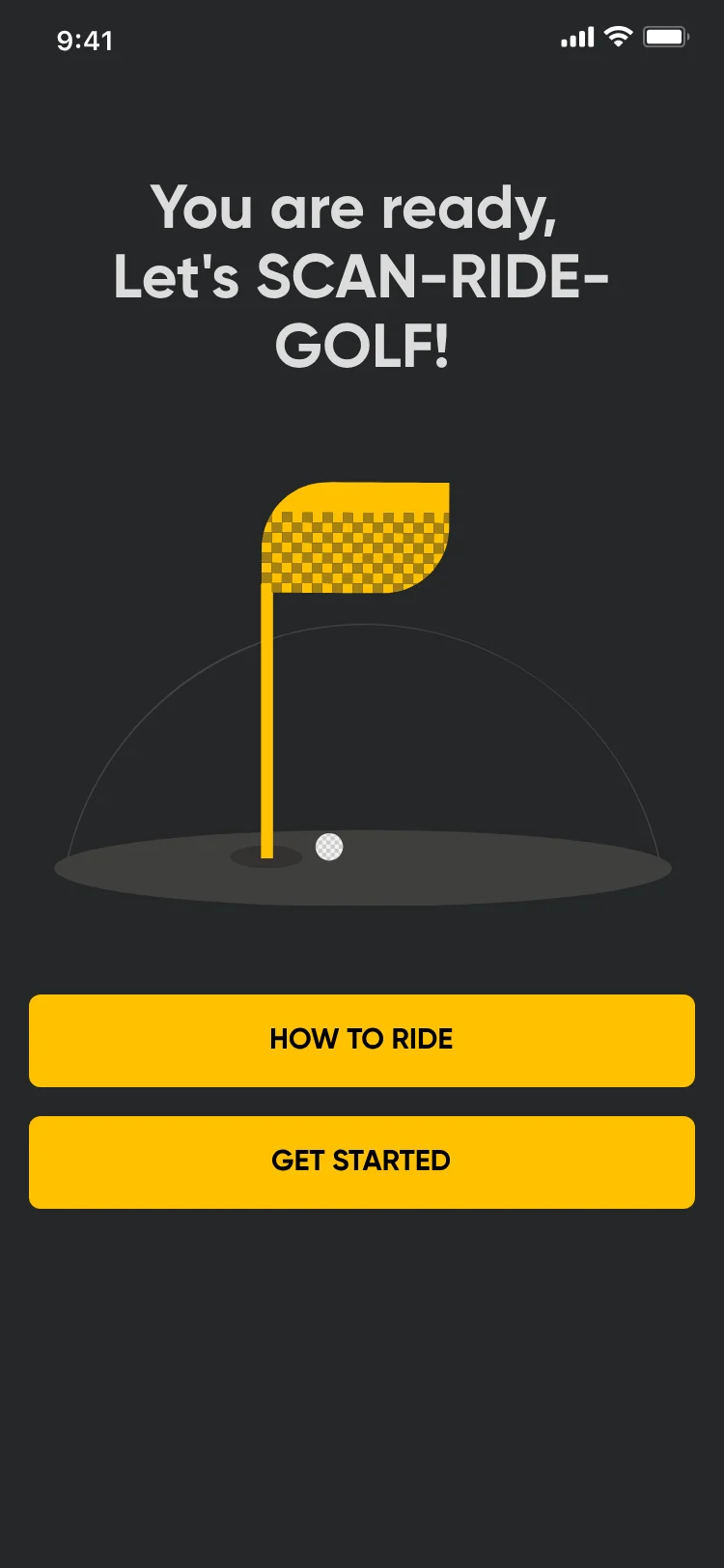 You are ready, Let's SCAN-RIDE-GOLF! with a flag illustration, How to ride and Get started.