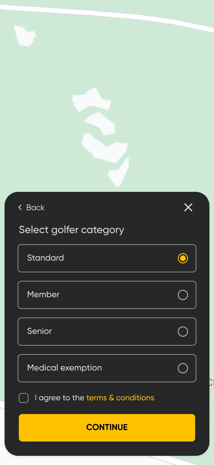 Select golfer category: Standard, Member, Senior or Medical exemption, terms and conditions, and Continue.