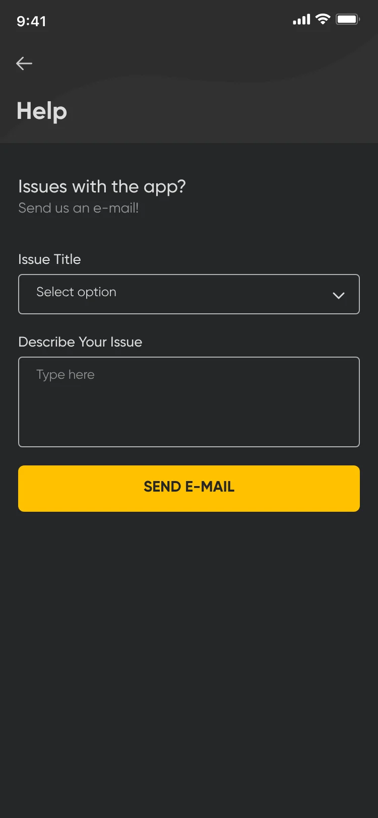 Final dark design: Help, Issues with the app, an issue title menu, a description field and Send e-mail.