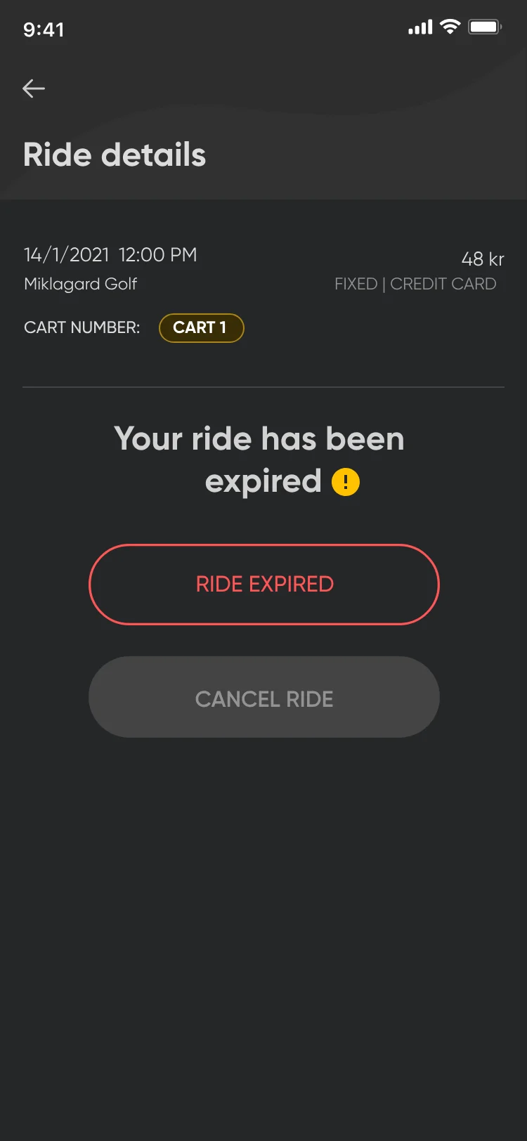 Ride details: Your ride has been expired, with a red Ride expired label and a disabled Cancel ride button.