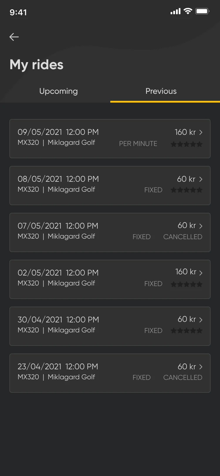 Final dark design: My rides, Previous tab, a list of rides with price, Fixed or Per minute and a star rating.