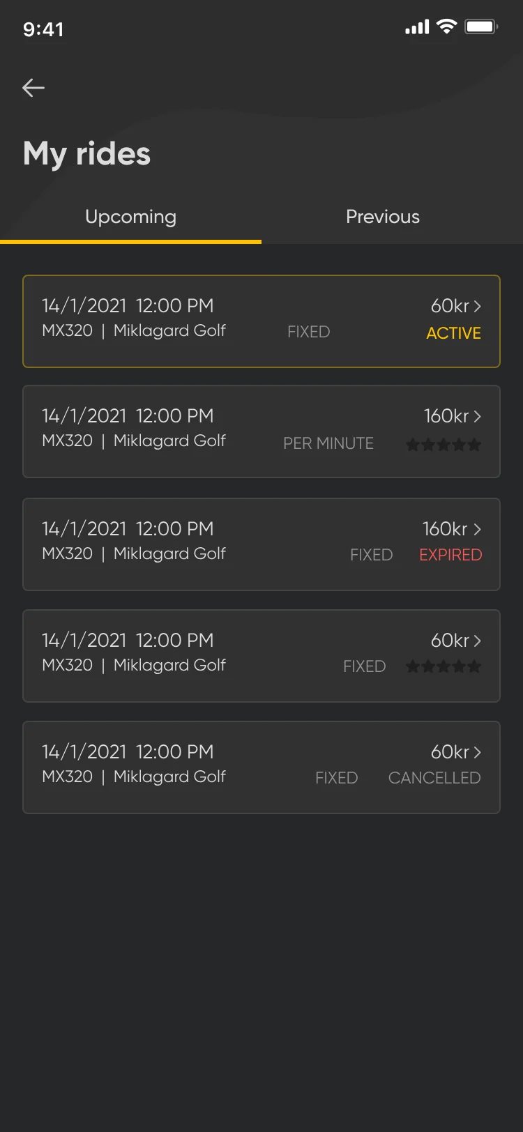 My rides, Upcoming tab: rides with status labels Active, Expired and Cancelled.