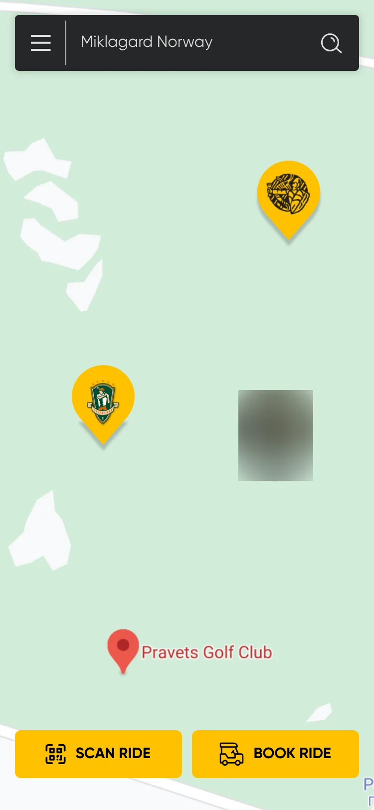 Home: a map with golf club pins and a search bar reading Miklagard Norway, with Scan ride and Book ride buttons. The Eagl logo pin is blurred.
