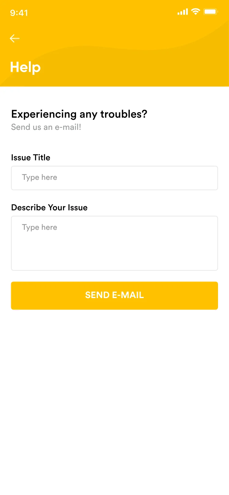 Early light design: Help with a yellow header, issue title and description fields and Send e-mail.