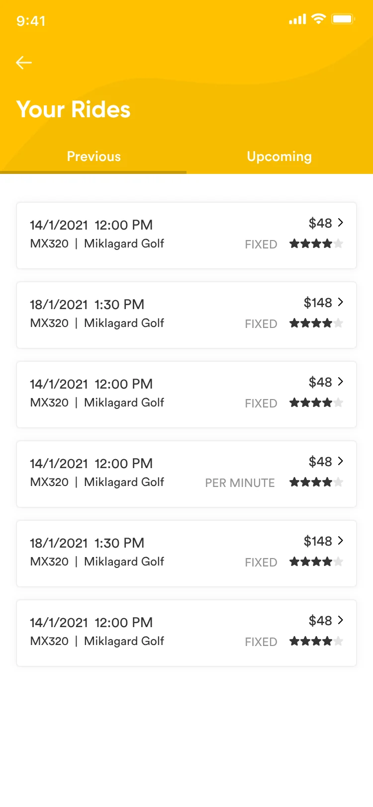 Early light design: Your Rides with a yellow header, Previous and Upcoming tabs and a list of rides.