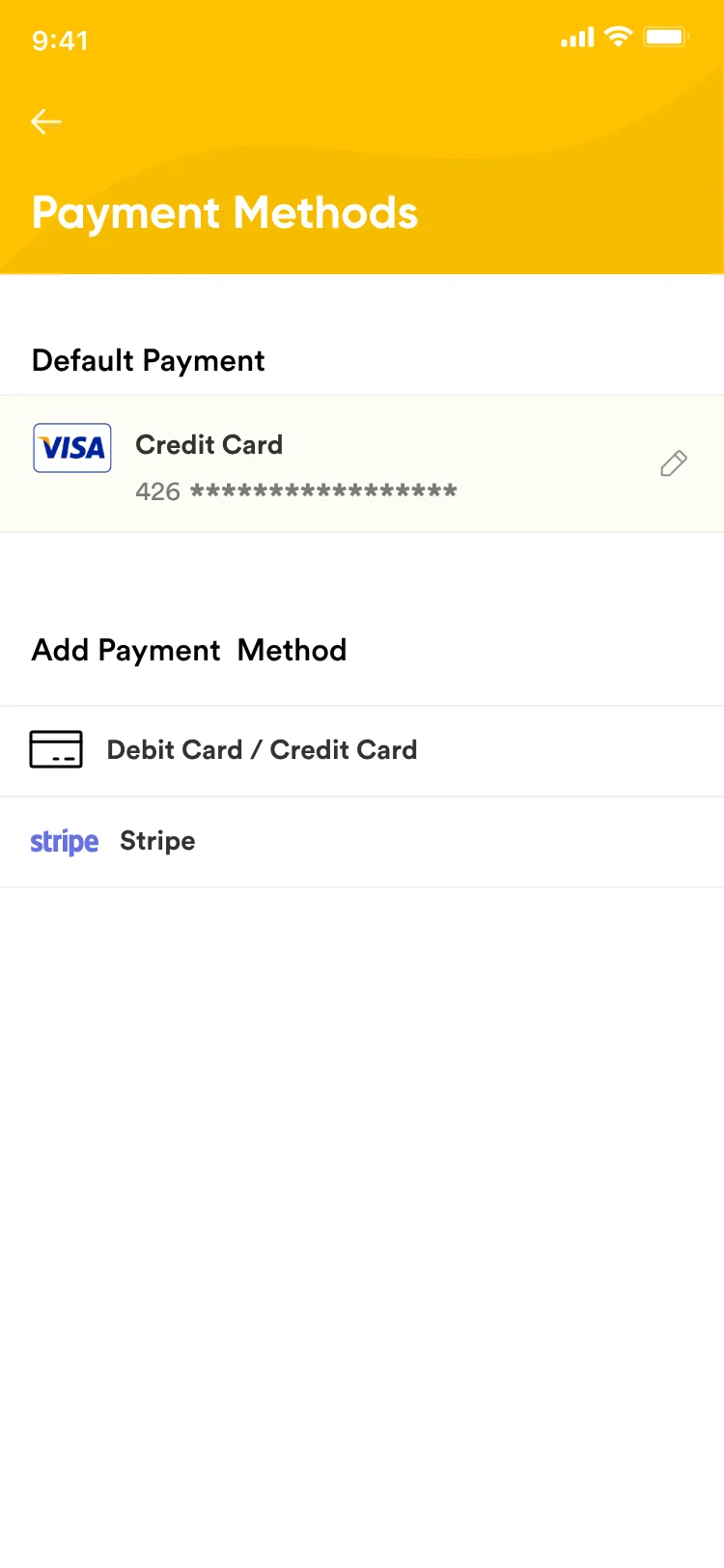 Early light design: Payment Methods with a yellow header, a default credit card, and Add payment method options.