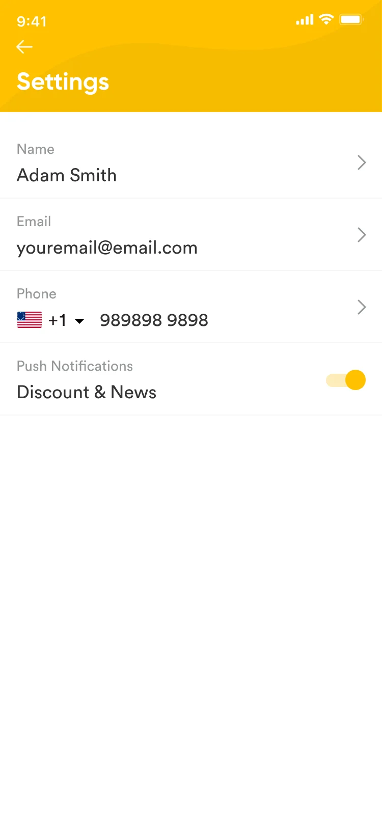 Early light design: Settings with a yellow header: name, email, phone and a push notifications toggle.