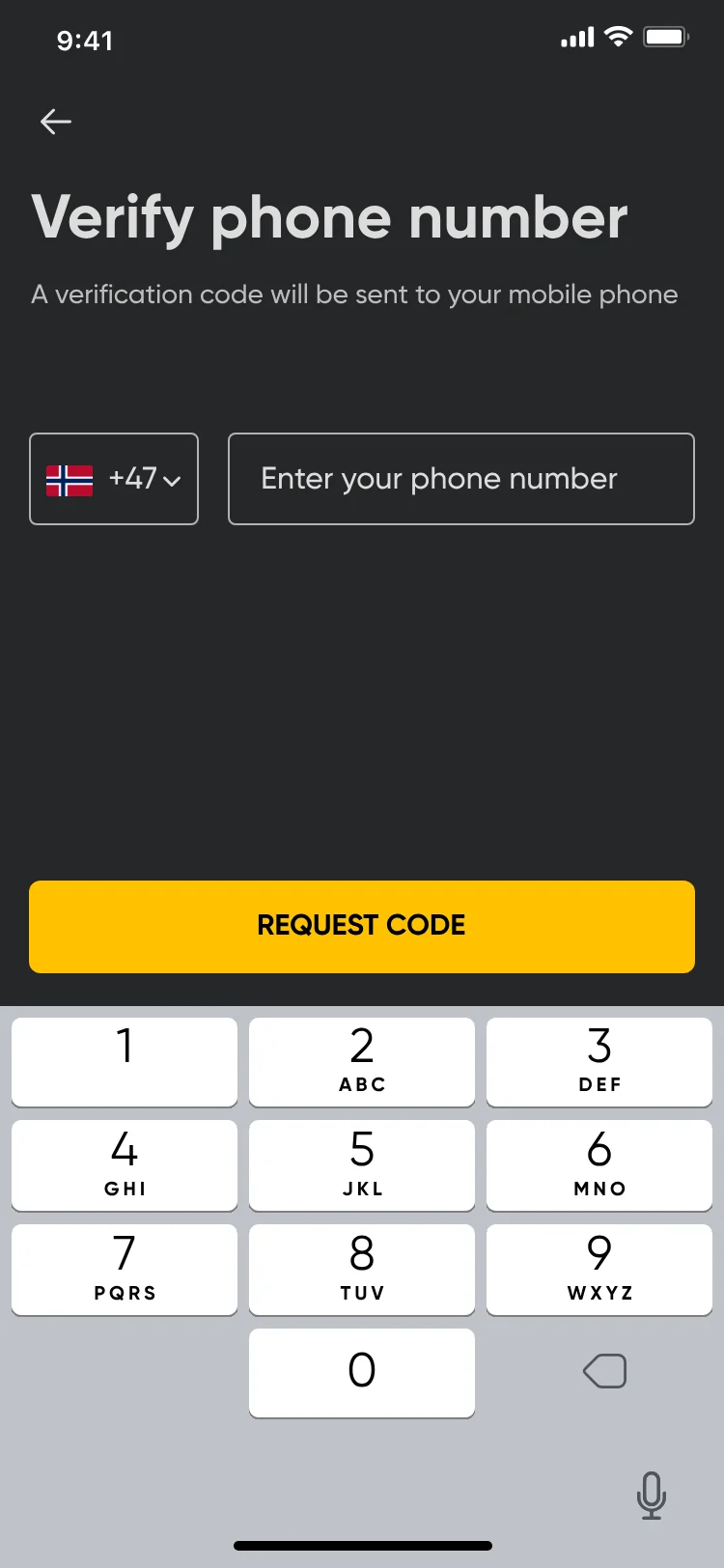 Verify phone number: a +47 country code, a phone field and Request code, above the keypad.