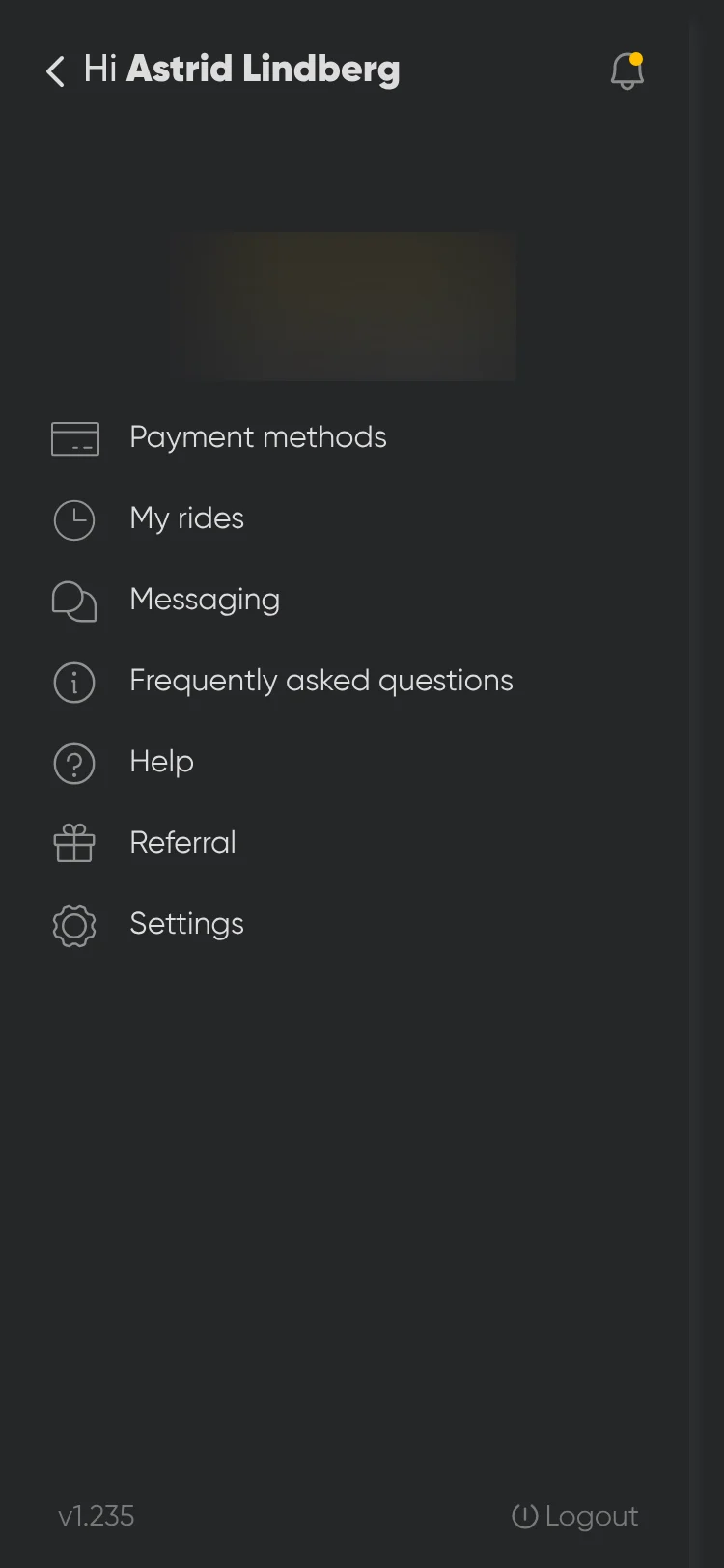 Side menu: Hi Astrid Lindberg, a notifications bell, payment methods, my rides, messaging, frequently asked questions, help, referral and settings. The logo is blurred.
