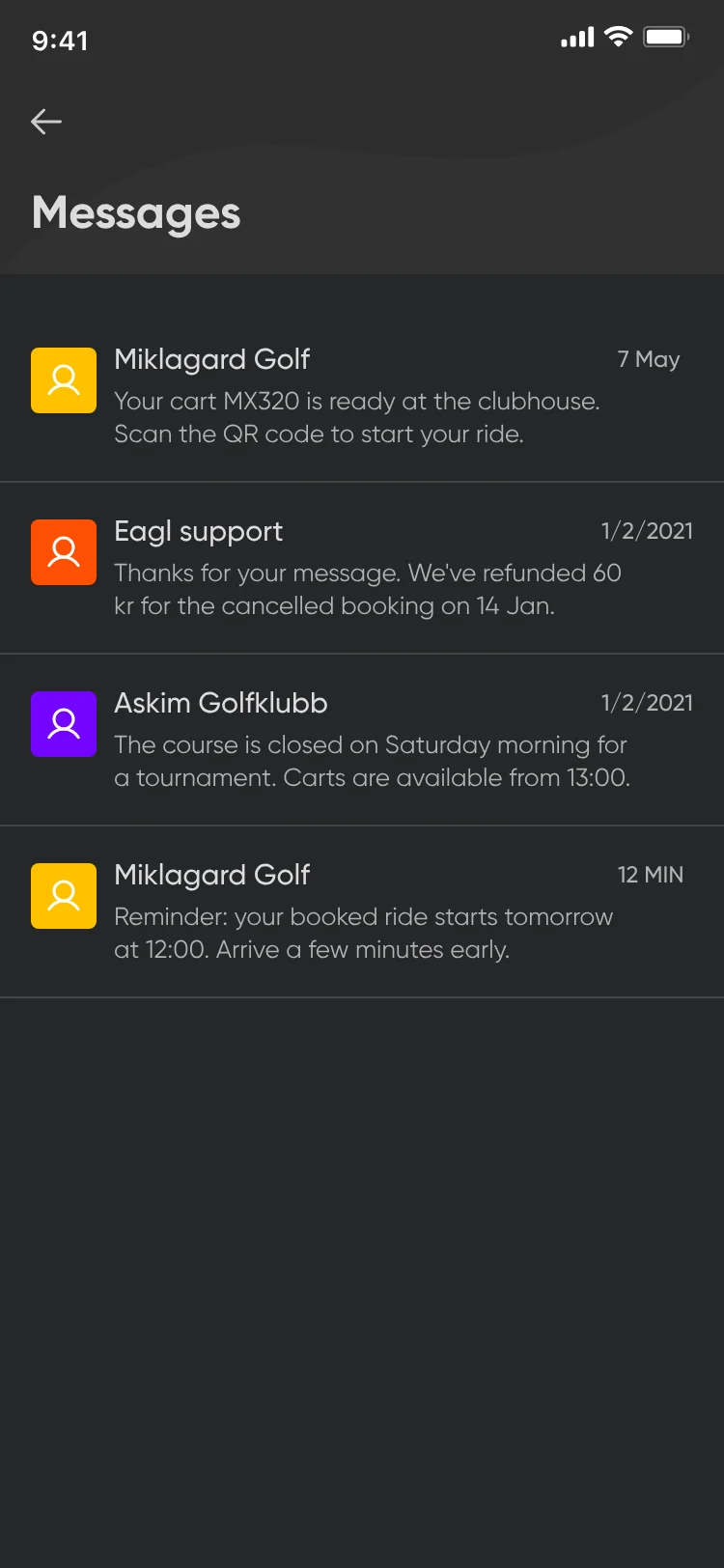 Messages: four messages from Miklagard Golf, Eagl support and Askim Golfklubb, such as a cart ready at the clubhouse and a booking reminder.