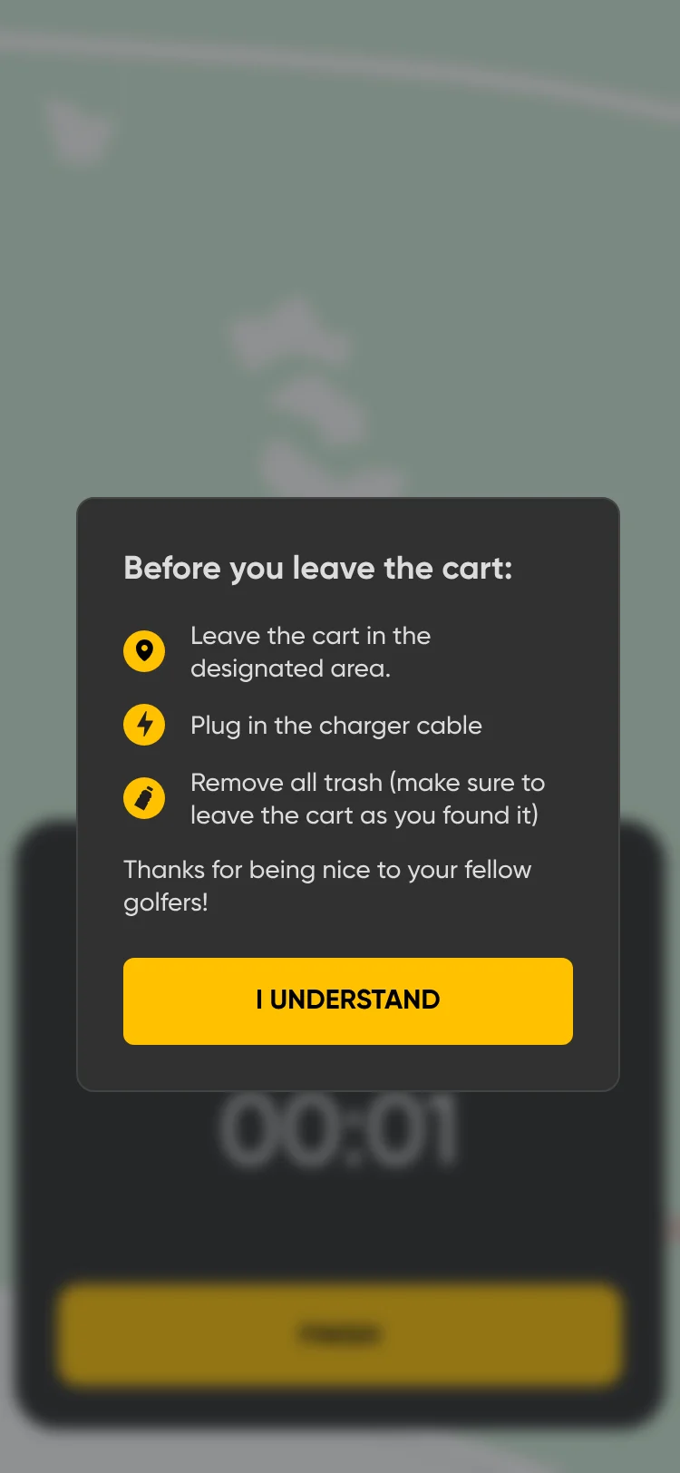 Before you leave the cart checklist for a per-minute ride.