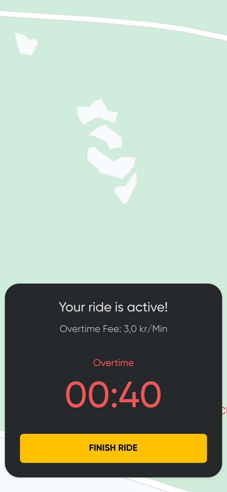 Per-minute ride in overtime: 00:40 in red with the overtime fee.