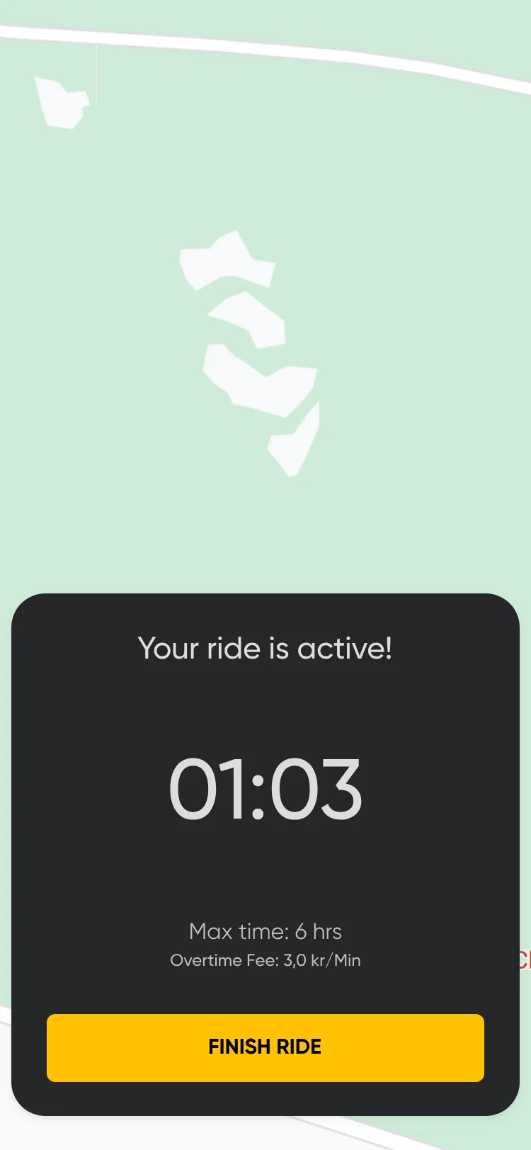 Per-minute ride timer: Your ride is active, 01:03, max time 6 hrs and overtime fee 3,0 kr/min.