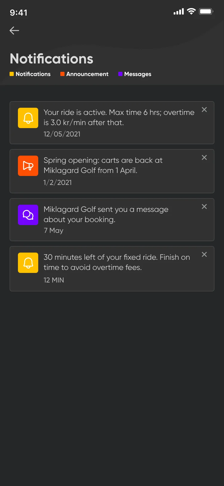Notifications: an active-ride notice, a spring opening announcement, a message from Miklagard Golf and a 30-minutes-left reminder, each with a close button.