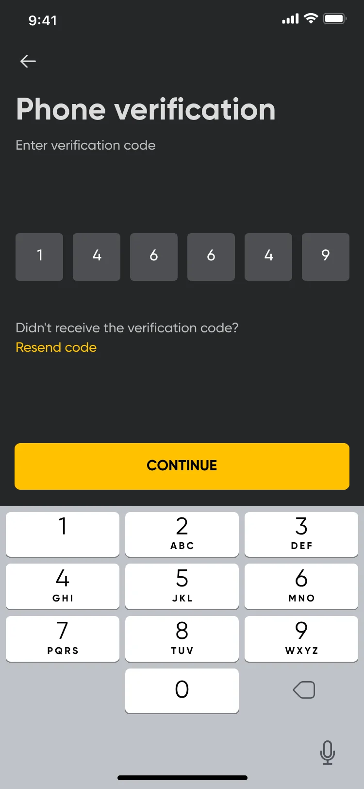 Phone verification: six code boxes, Resend code and Continue.