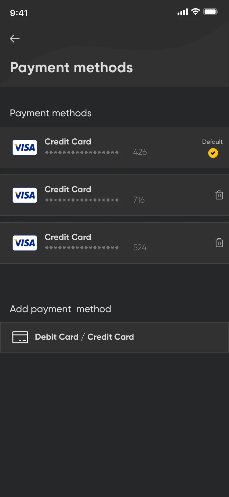 Final dark design: Payment methods with three Visa cards, one marked Default, and Debit Card / Credit Card to add another.