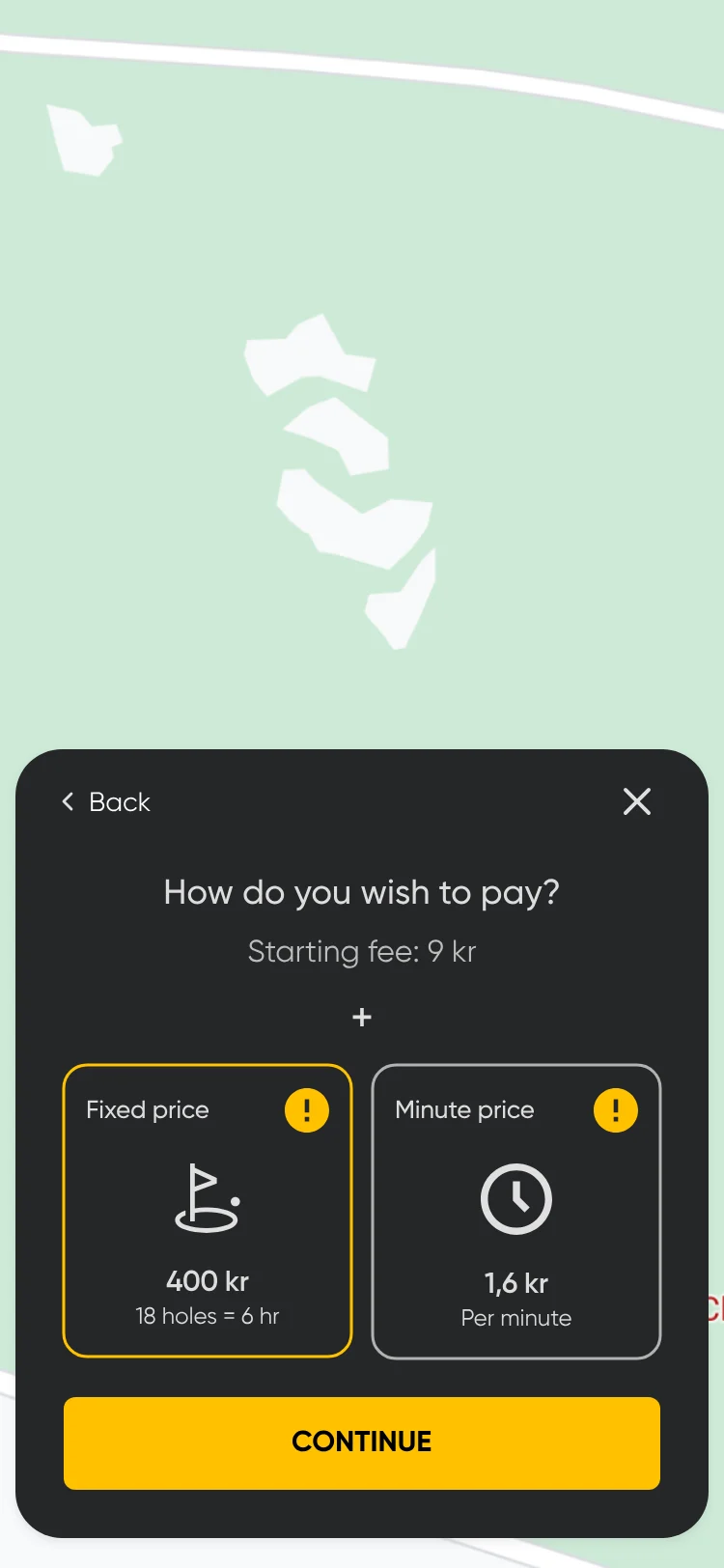 How do you wish to pay? Fixed price or minute price cards, with Continue.