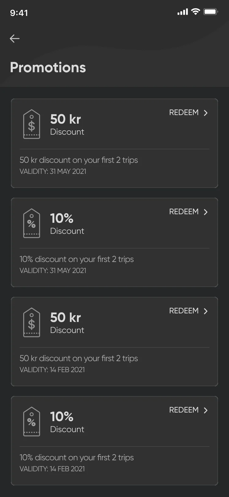 Promotions: 50 kr and 10% discount cards with validity dates and Redeem.