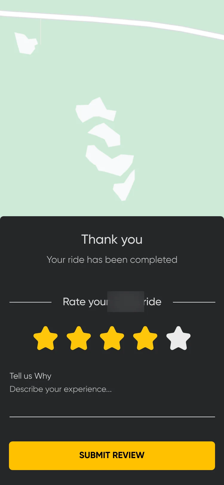 Thank you, rate your ride: stars, a comment field and Submit review. The logo is blurred.