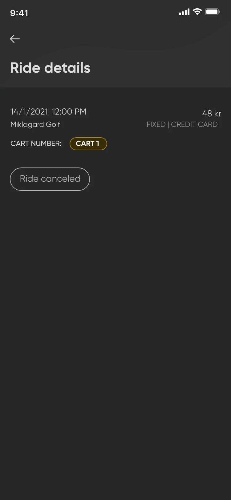 Ride details for a cancelled ride: date, Miklagard Golf, 48 kr, cart 1 and a grey Ride canceled label.