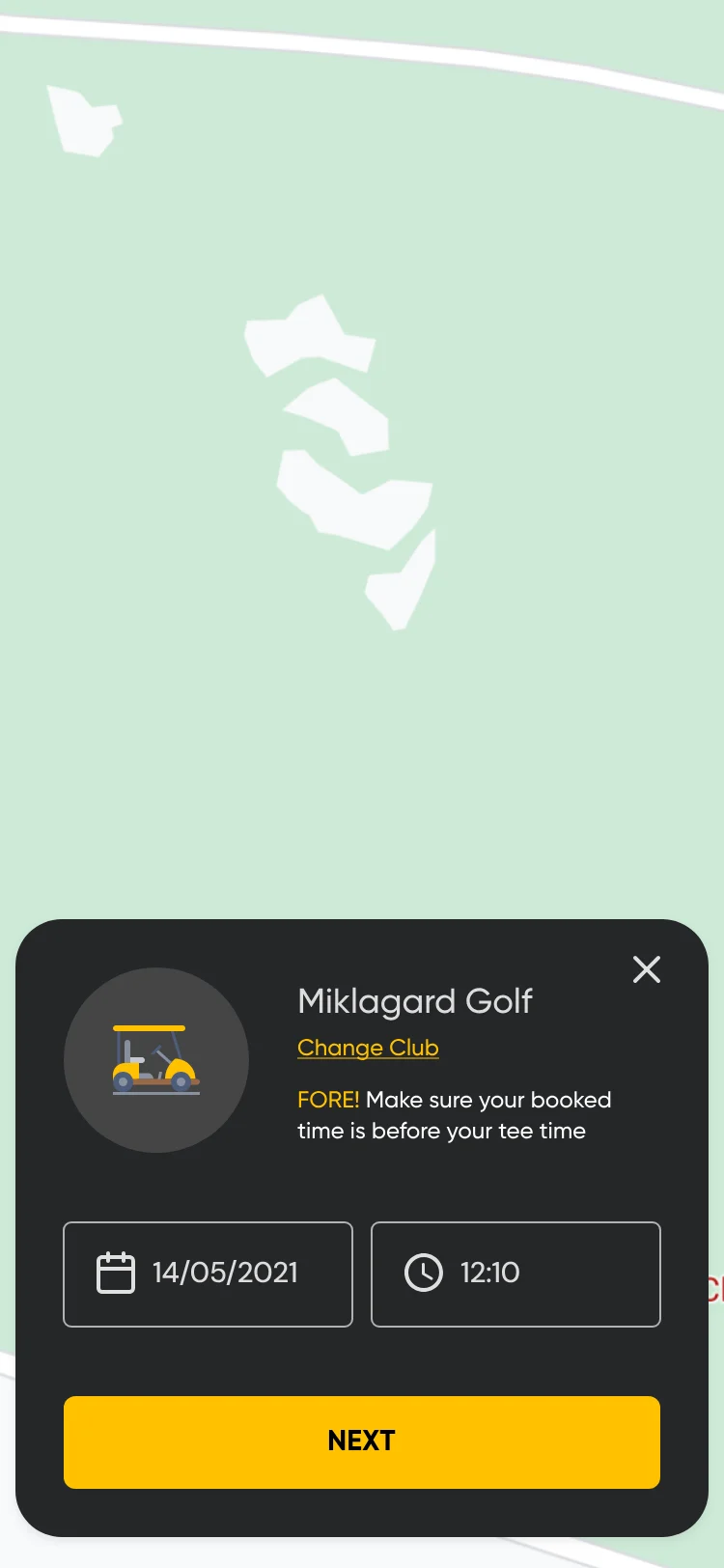 Booking sheet with a date and time chosen, 14/05/2021 at 12:10, a reminder that the booked time should be before the tee time, and Next.