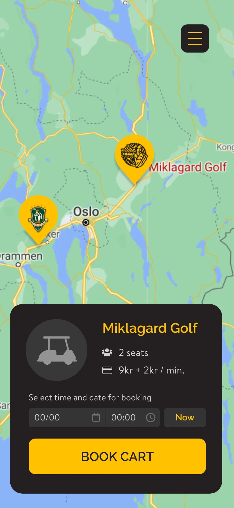 Rough screen: a booking card on the map for Miklagard Golf, 2 seats, 9 kr + 2 kr/min, date and time fields, Now and Book cart.
