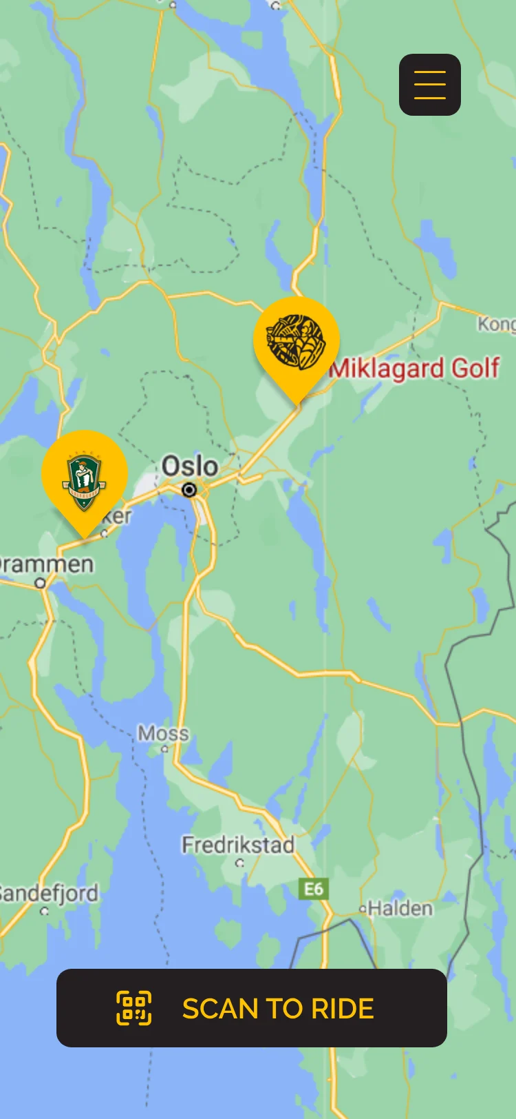 Rough screen: a full road map around Oslo with two golf club pins and a Scan to ride button.