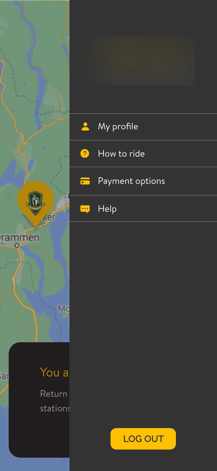 Rough screen: a side menu with My profile, How to ride, Payment options, Help and Log out. The logo is blurred.