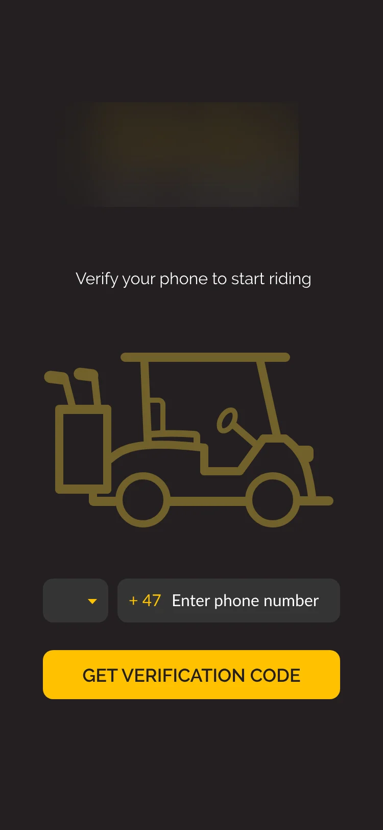 Rough screen: Verify your phone to start riding, a cart outline, a +47 phone field and Get verification code. The logo is blurred.