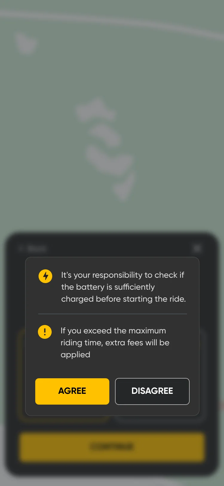 Rules before a ride: checking the battery is the golfer’s responsibility, and going over the maximum riding time adds fees, with Agree and Disagree.