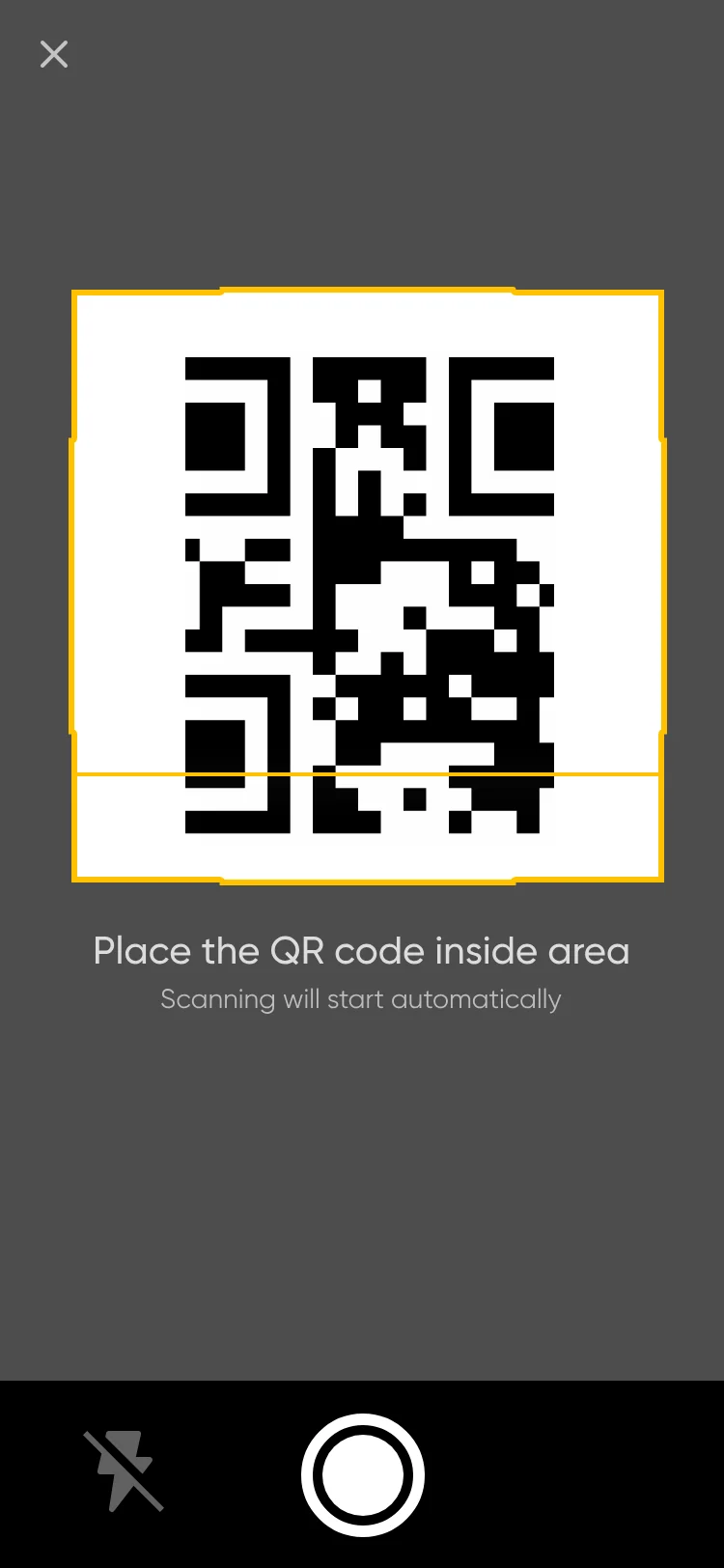 Scan cart: a QR code inside a yellow frame, with the line Place the QR code inside area and a camera button.