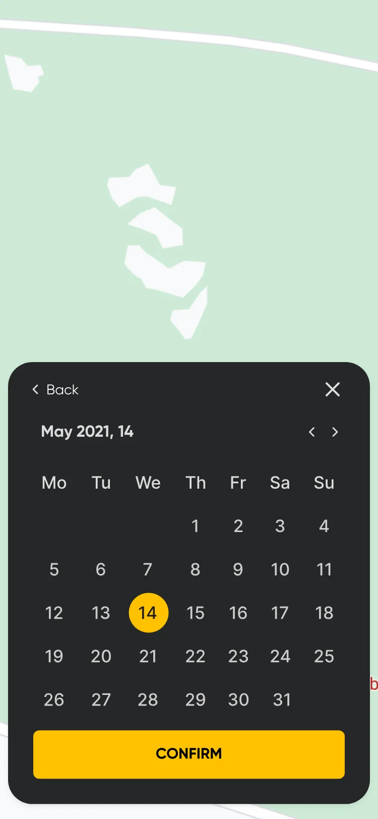 Date picker sheet: May 2021 with the 14th selected and Confirm.
