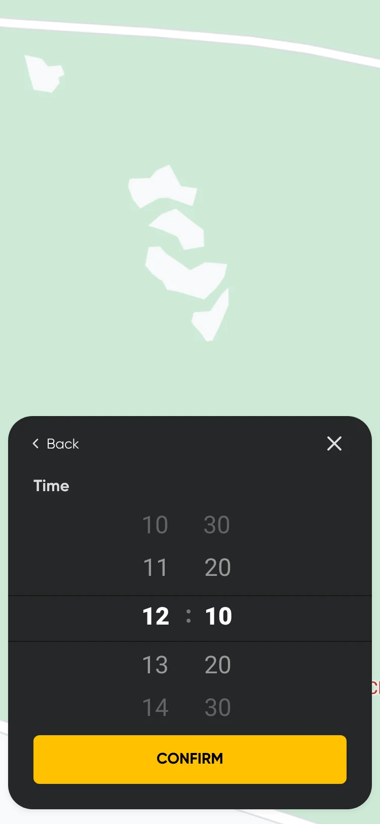Time picker sheet: 12:10 selected and Confirm.