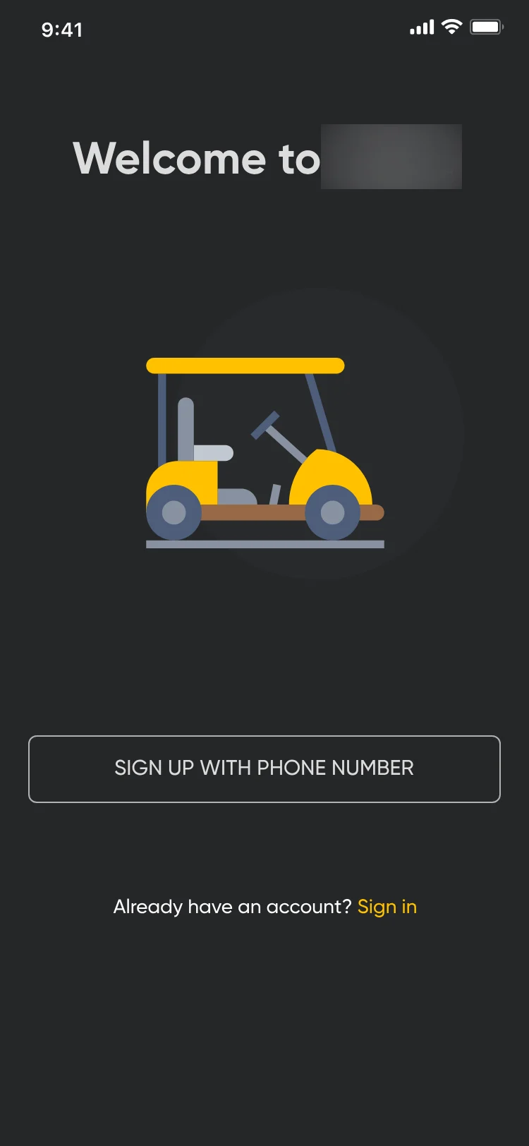 Sign up: Welcome to Eagl, a golf cart illustration, Sign up with phone number and Sign in. The logo is blurred.