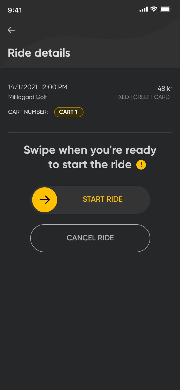 Ride details for a booked ride: Swipe when you're ready to start the ride, a swipe control reading Start ride, and Cancel ride.