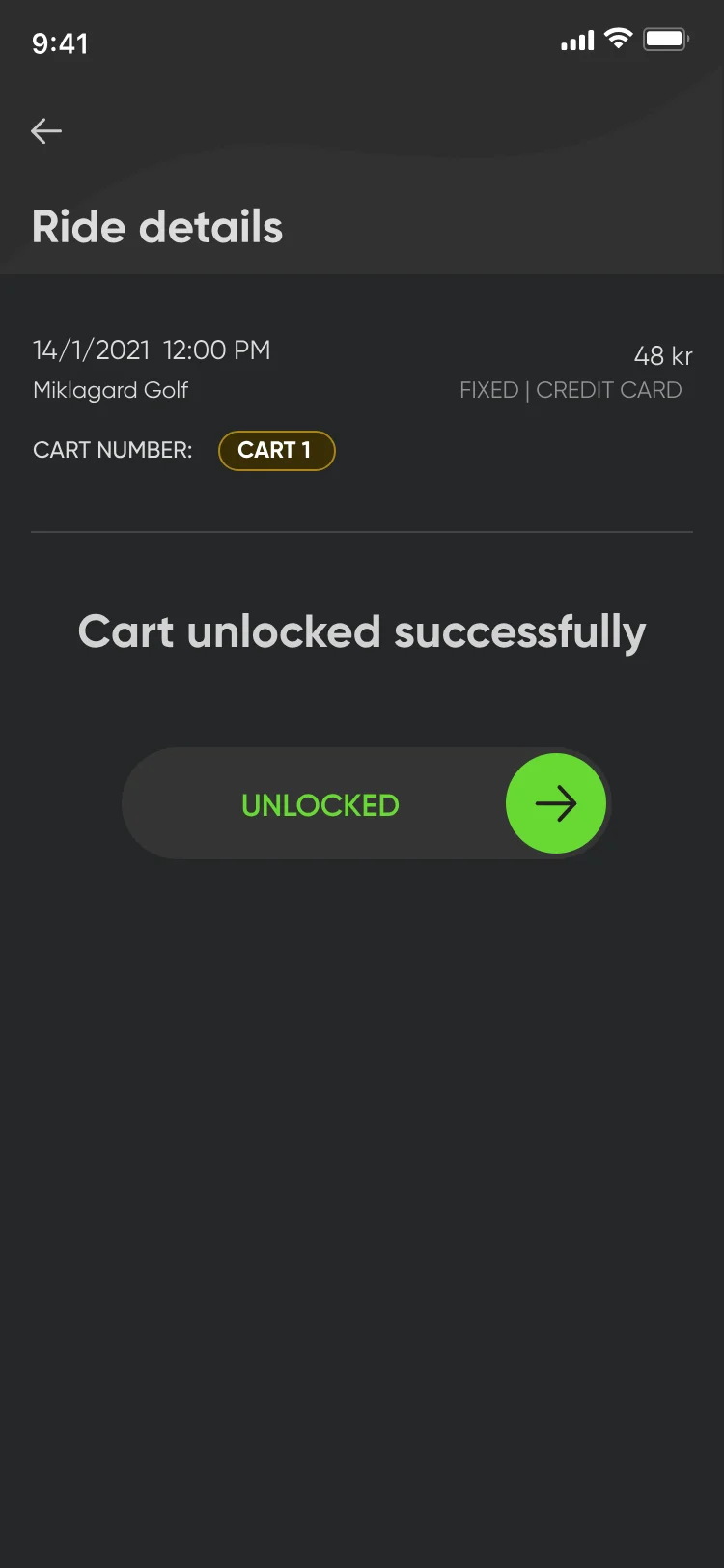 Ride details after the swipe: Cart unlocked successfully, with the control turned green and reading Unlocked.