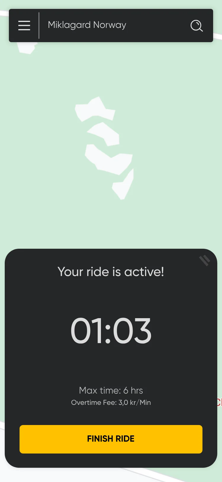 Fixed-price ride timer in a sheet over the map: Your ride is active, 01:03, max time 6 hrs, overtime fee 3,0 kr/min, and a Finish ride button.