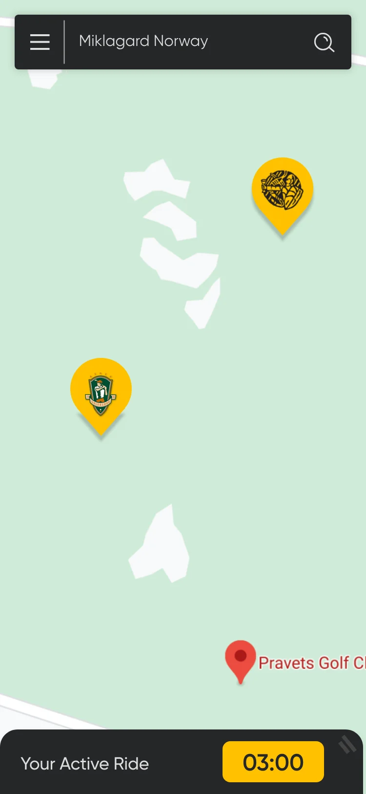 The map with the ride timer collapsed into a bar at the bottom: Your Active Ride, 03:00.