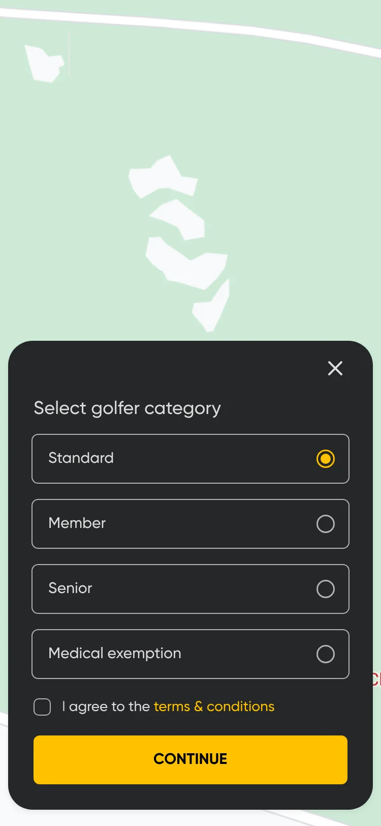 After scanning: Select golfer category, Standard, Member, Senior or Medical exemption, with terms and Continue.