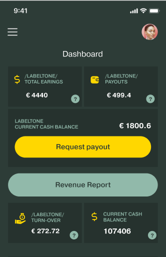 LabelCaster mobile app dashboard: total earnings, payouts and current cash balance, with a Request payout button and a revenue report.