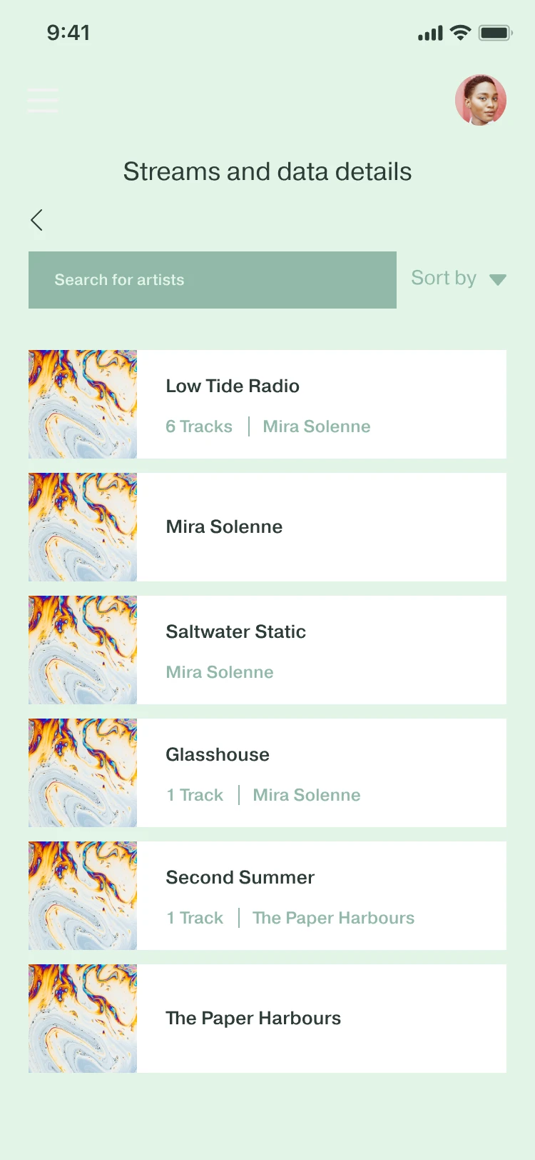 Artist side, Streams and data details on a pale green background: a search field, Sort by, and white rows such as Low Tide Radio, 6 Tracks, Mira Solenne, with the secondary text in sage green.
