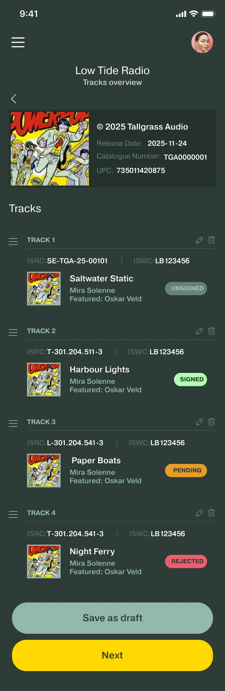 Album overview for Low Tide Radio: the album, then four tracks, each with its ISRC and ISWC codes, its artists and a contract status: Unsigned, Signed, Pending, Rejected. Save as draft and Next buttons.