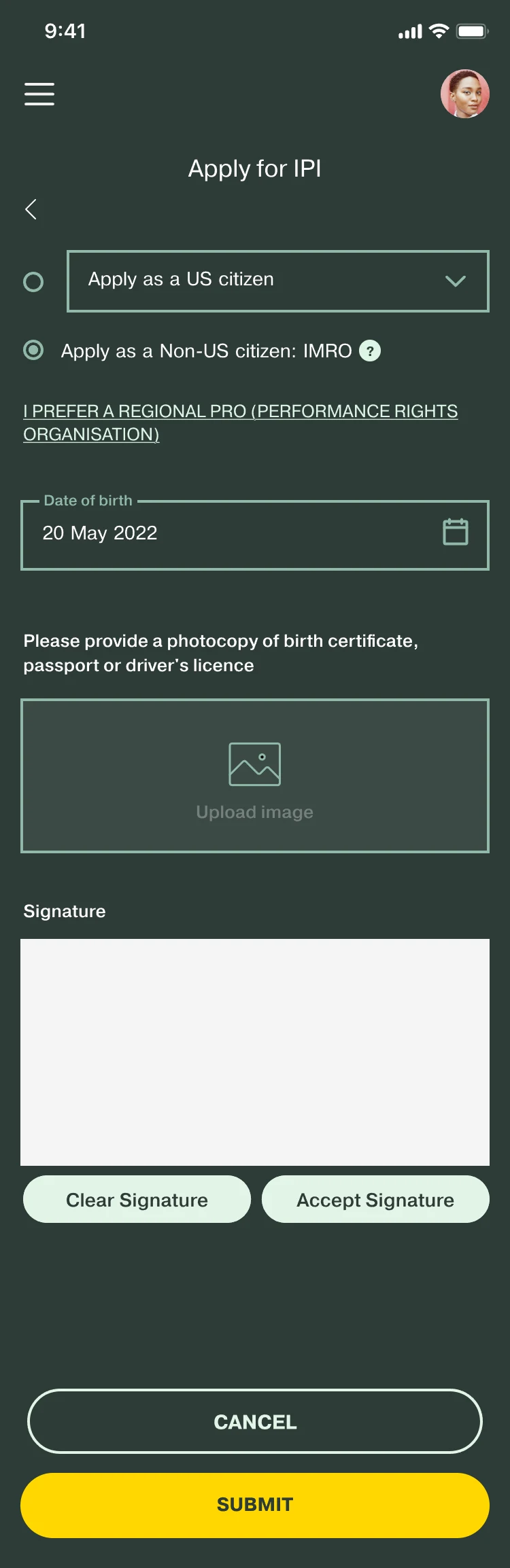 Apply for IPI: apply as a US or non-US citizen, date of birth, an identity document upload, a signature pad, and Cancel and Submit buttons.