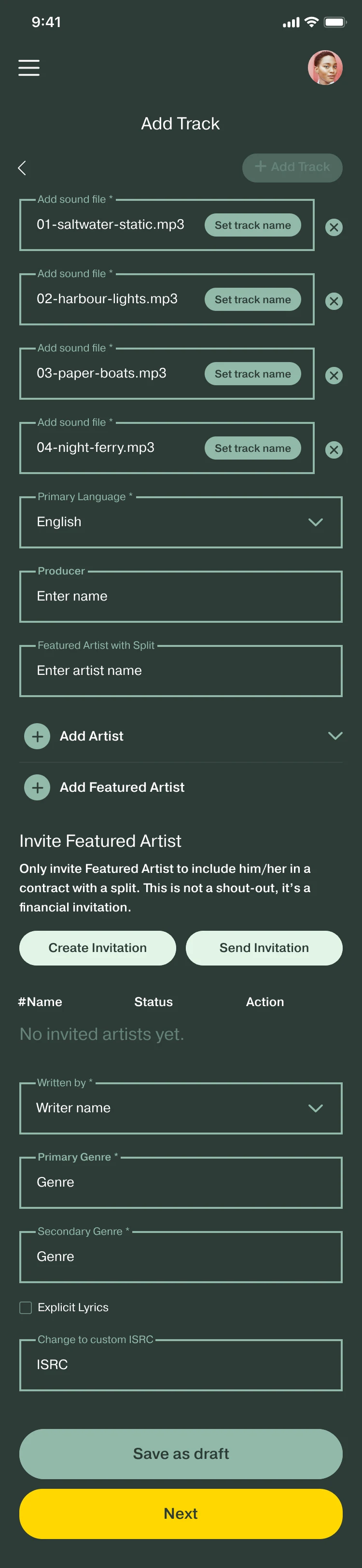 Add Track, bulk upload: four named sound files, each with a Set track name button, then shared fields such as Primary Language, Producer and Featured Artist with Split.